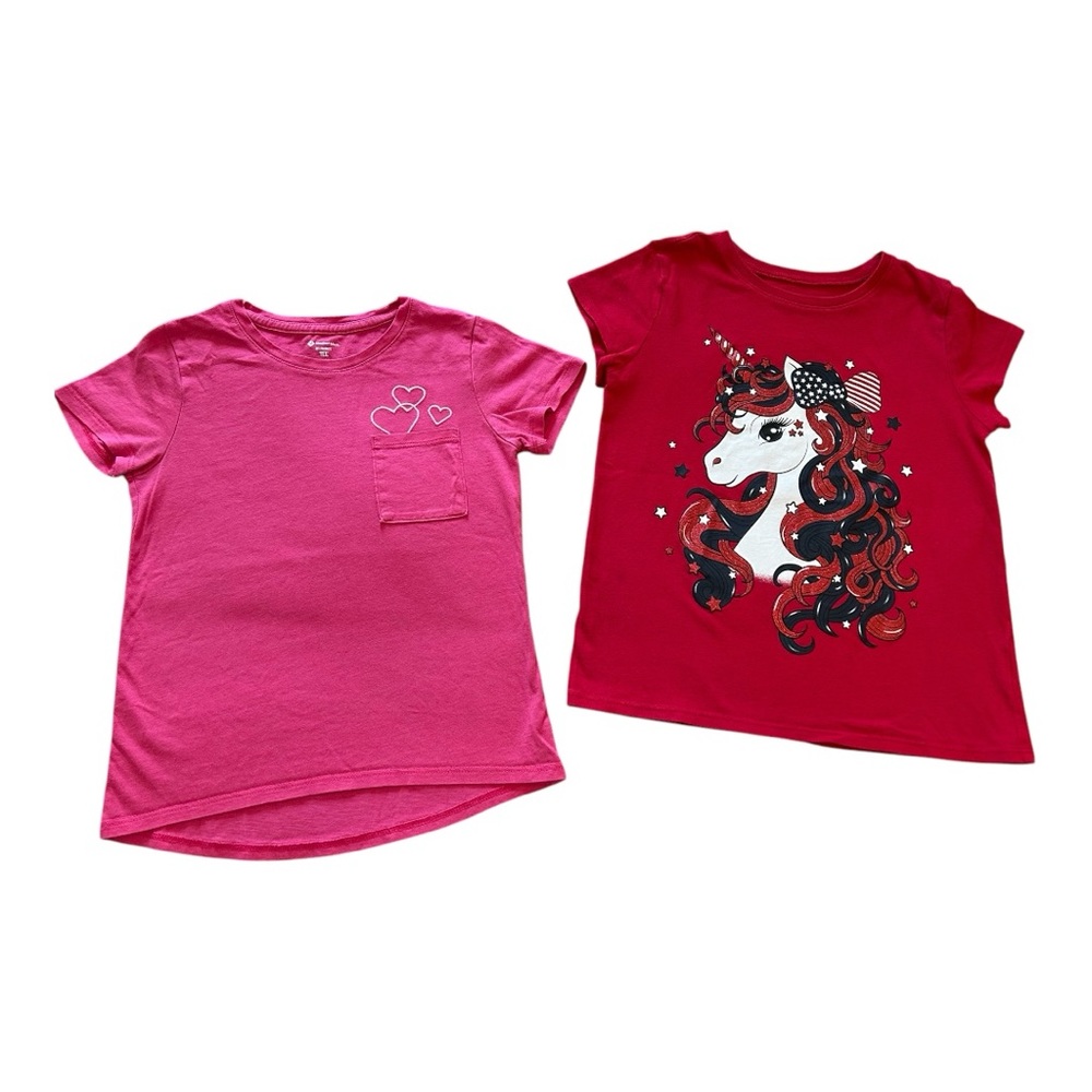 Girls Pink and Red Short Sleeve Tees with Unicorn Design Fourth of July, M 7/8